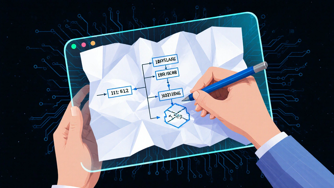 Hand schreibt Python-Code über einer handgezeichneten Logikskizze für ein Zahlenratespiel.