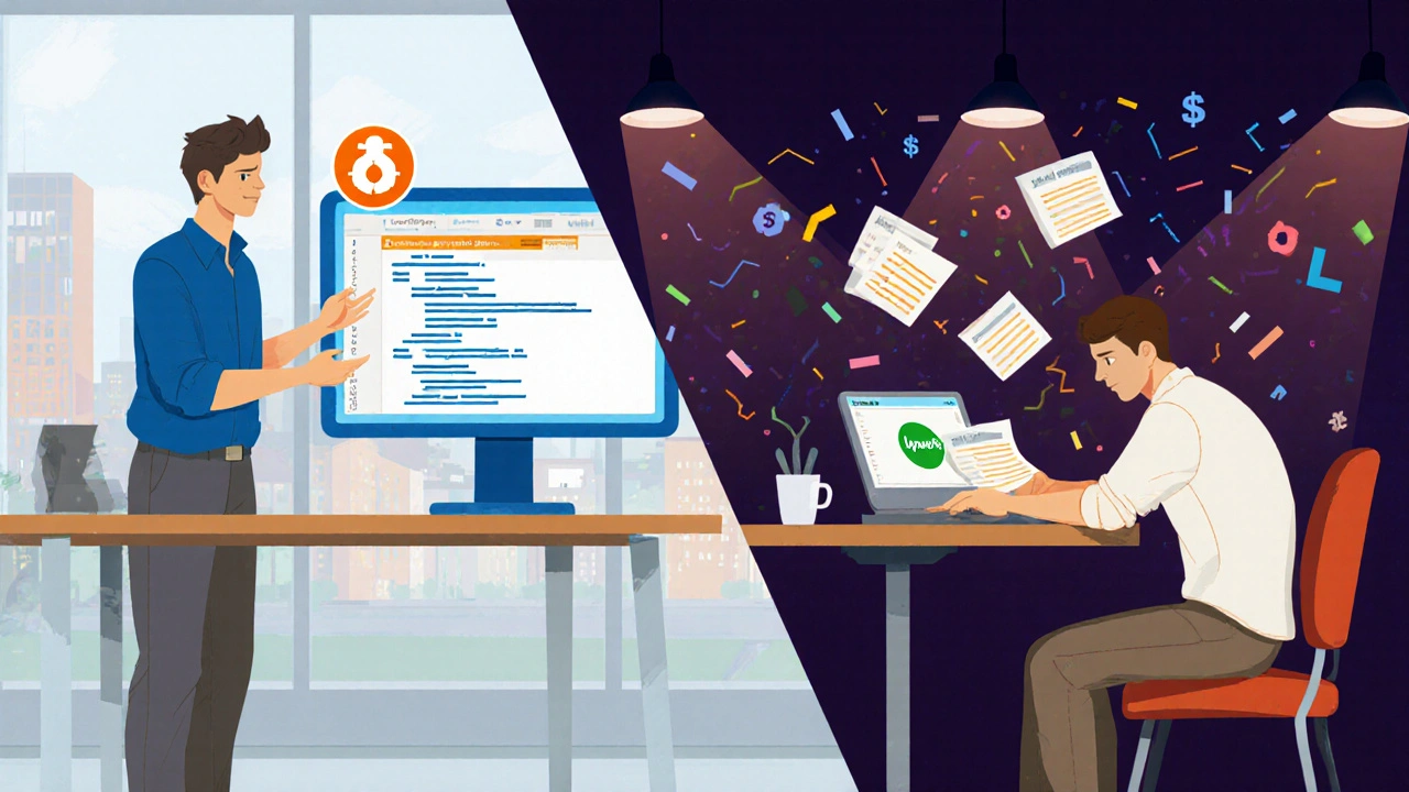 Junge Entwicklerin erhält Mentorship im Büro, während Freelancer mit Rechnungen kämpft.