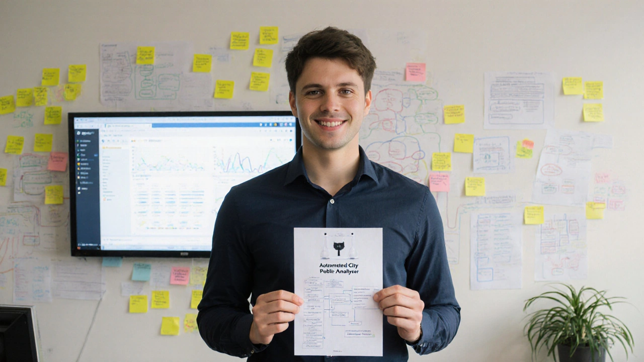 Junior-Entwickler präsentiert ein GitHub-Projekt zur Optimierung von Wartezeiten in der Stadtverwaltung.