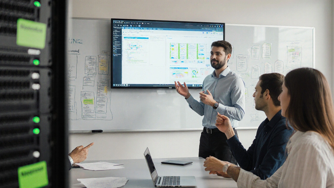 Junior-Entwickler präsentiert eine PHP-Migration in einem deutschen Tech-Büro, Kollegen beobachten den Bildschirm.