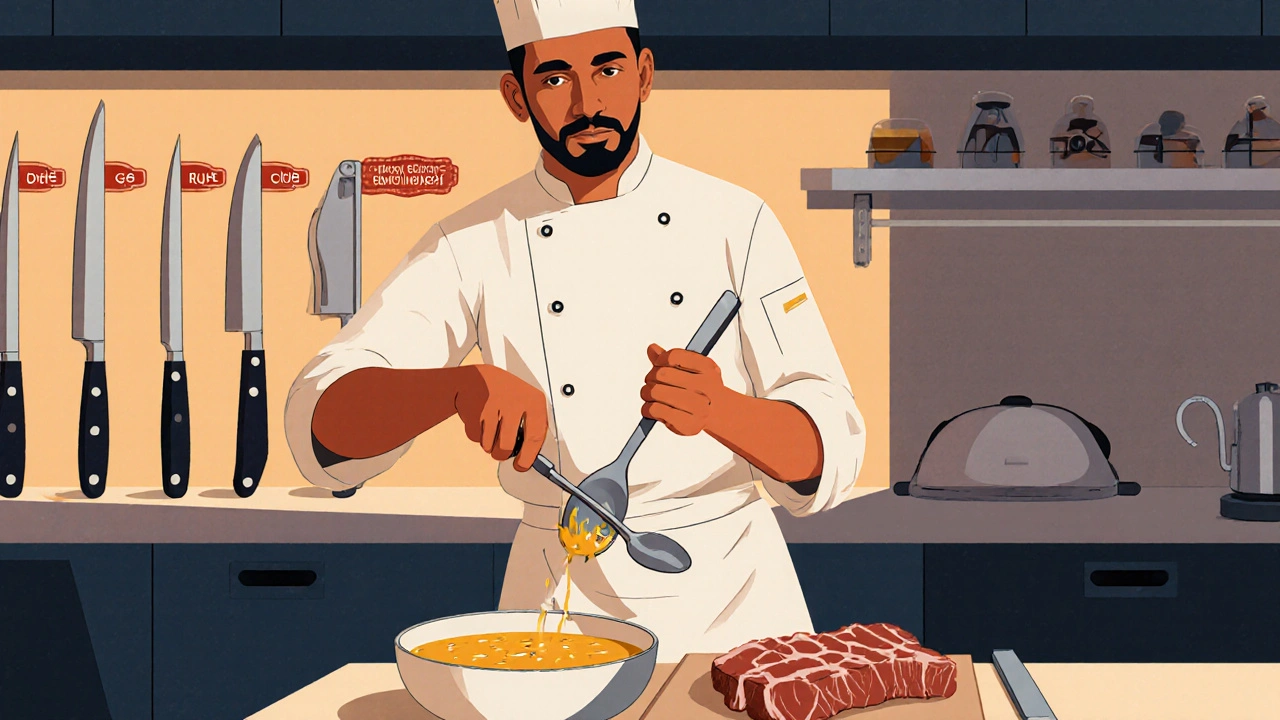 Koch versucht Fleisch mit einem Löffel zu hacken — Symbol für falsche Werkzeugwahl.