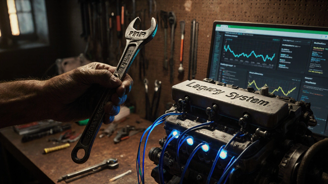 Mechanikerhand mit einem Werkzeug namens PHP an einem alten Server-System.