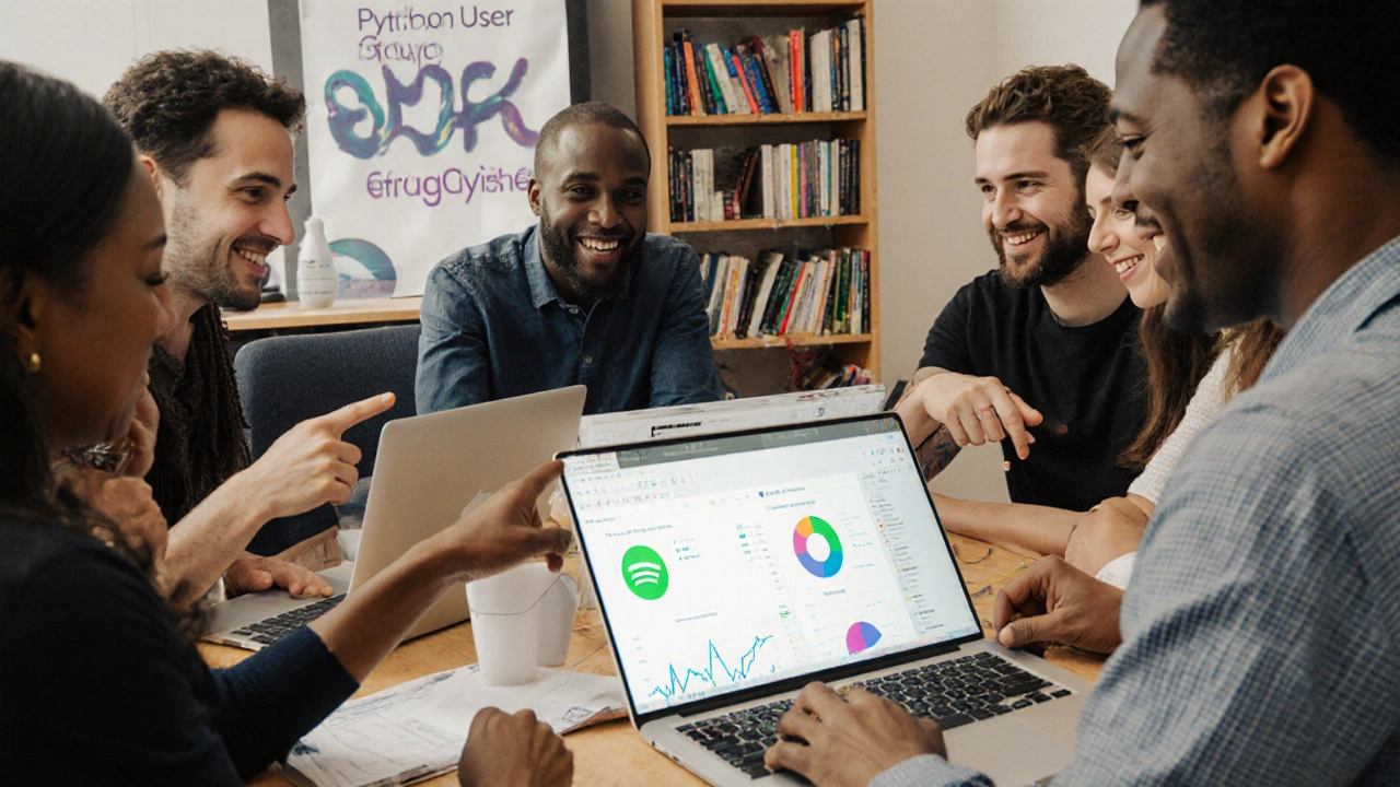 Menschen bei einem Python-Treffen in Dresden analysieren gemeinsam Datenvisualisierungen.