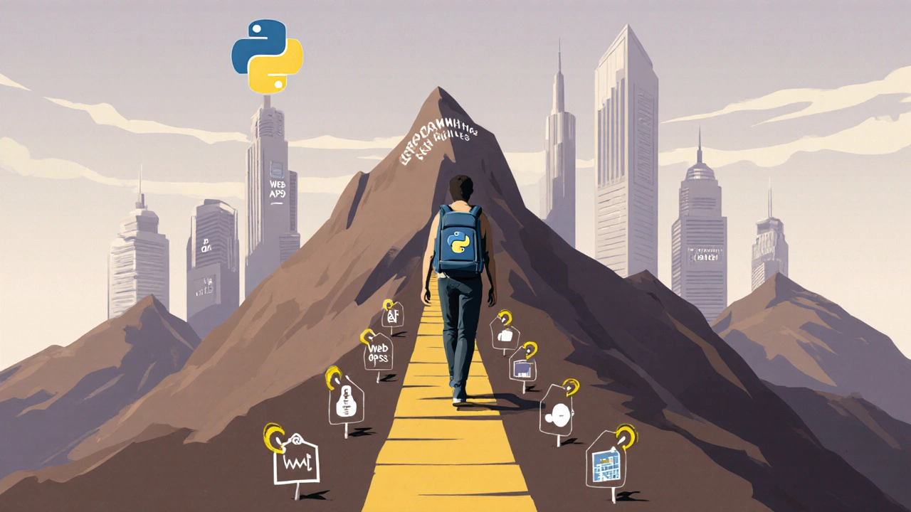 Person beginnt den Aufstieg auf einem Pfad mit Programmiergrundlagen, Ziel sind große Technologien im Hintergrund.