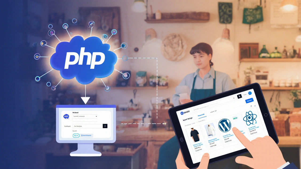 PHP-Backend sendet Daten an eine moderne Frontend-Oberfläche, genutzt von einem kleinen Unternehmen.