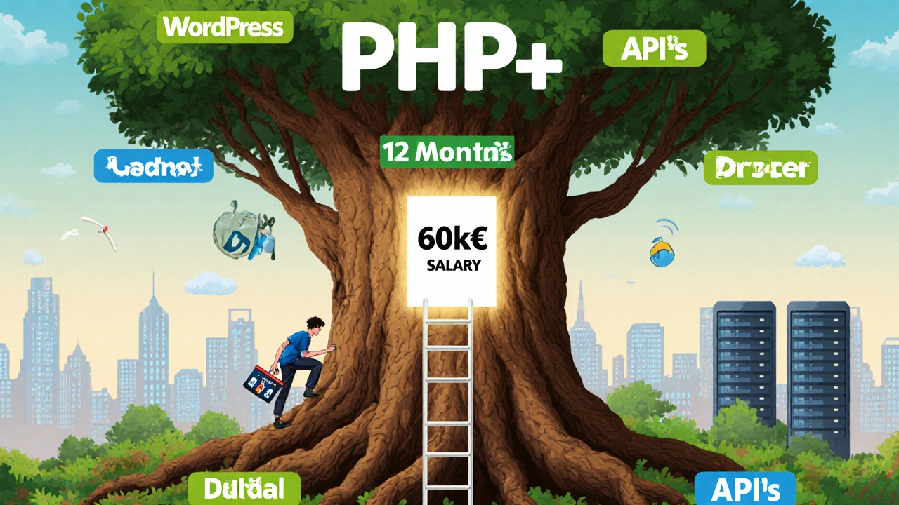 PHP-Baum mit modernen Technologien als Äste, junger Mensch klettert zur höheren Bezahlung.