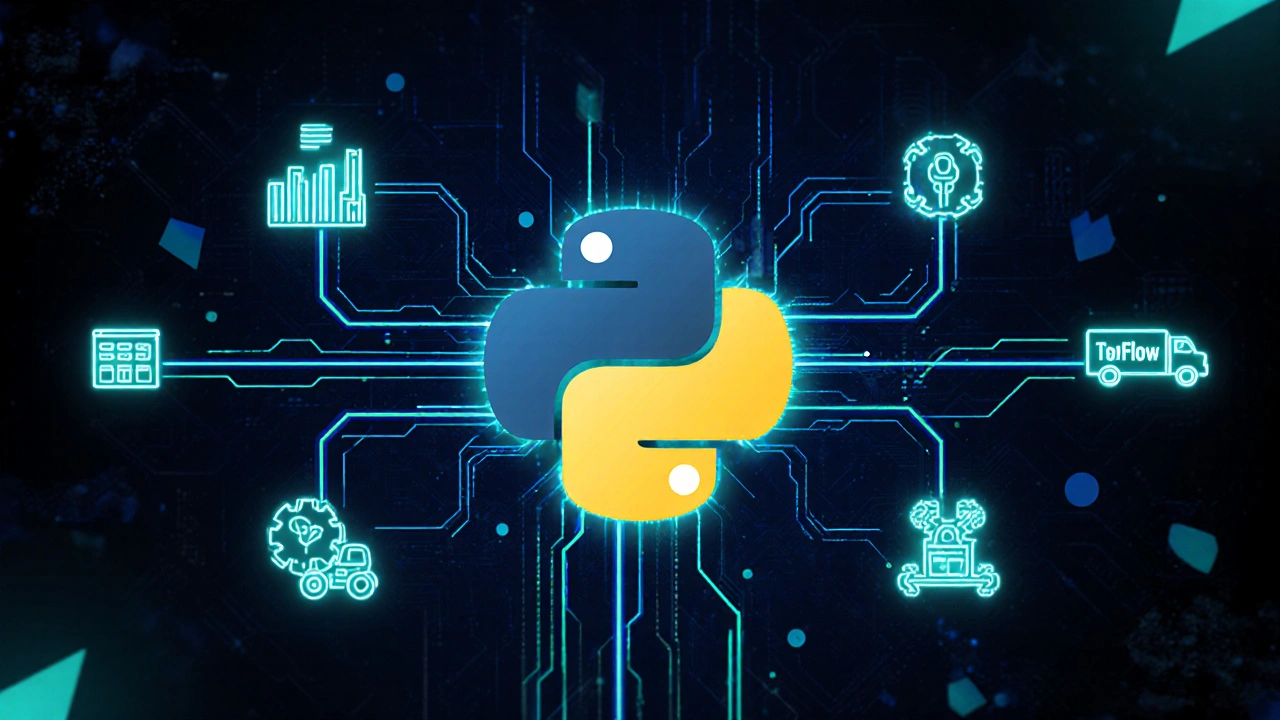 Python als zentraler Knotenpunkt, der Datenströme zu verschiedenen Industrien verbindet.