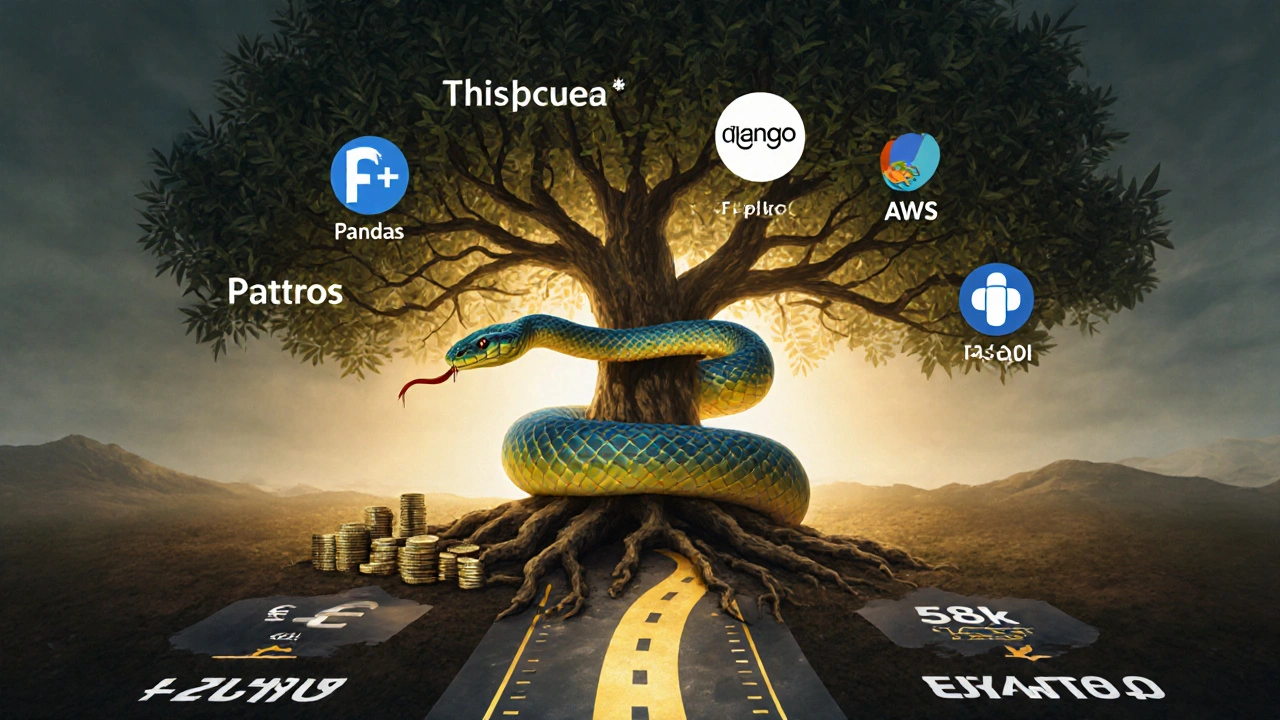 Python-Schlange umwickelt einen Baum mit Technologie-Ästen und Gehaltszahlen als Wurzeln.