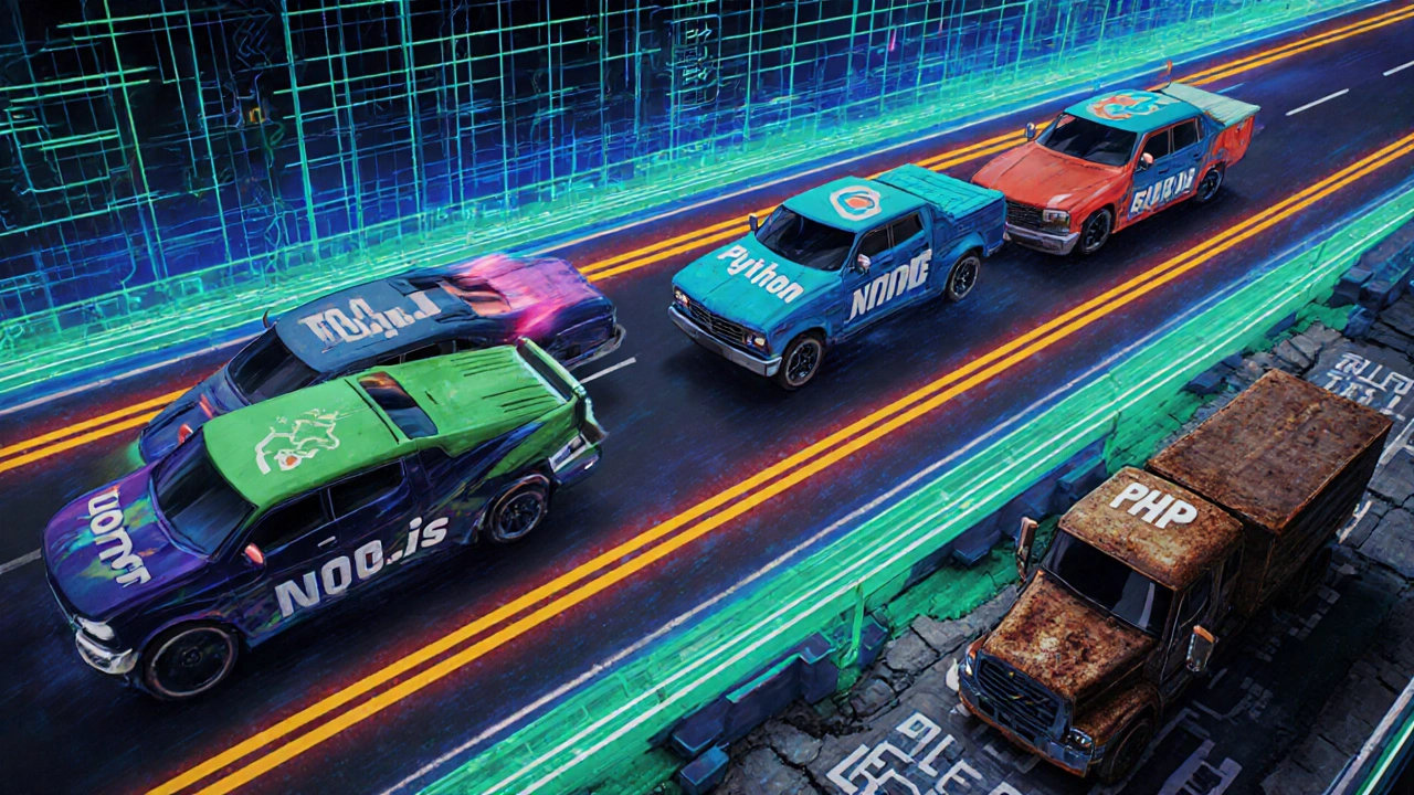 Rennstrecke mit modernen Programmiersprachen als schnelle Autos und PHP als langsame, veraltete LKW.