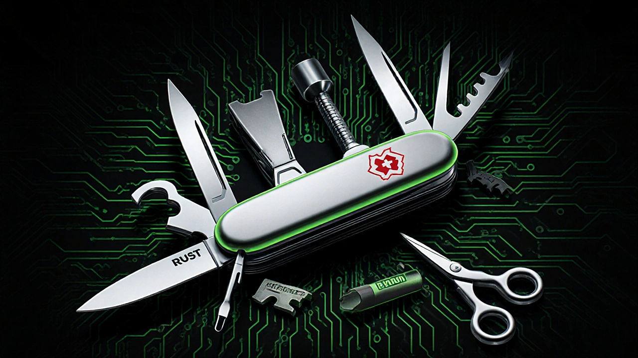 Schweizer Taschenmesser aus Stahl mit Rust-Funktionen auf einer Leiterplatte.