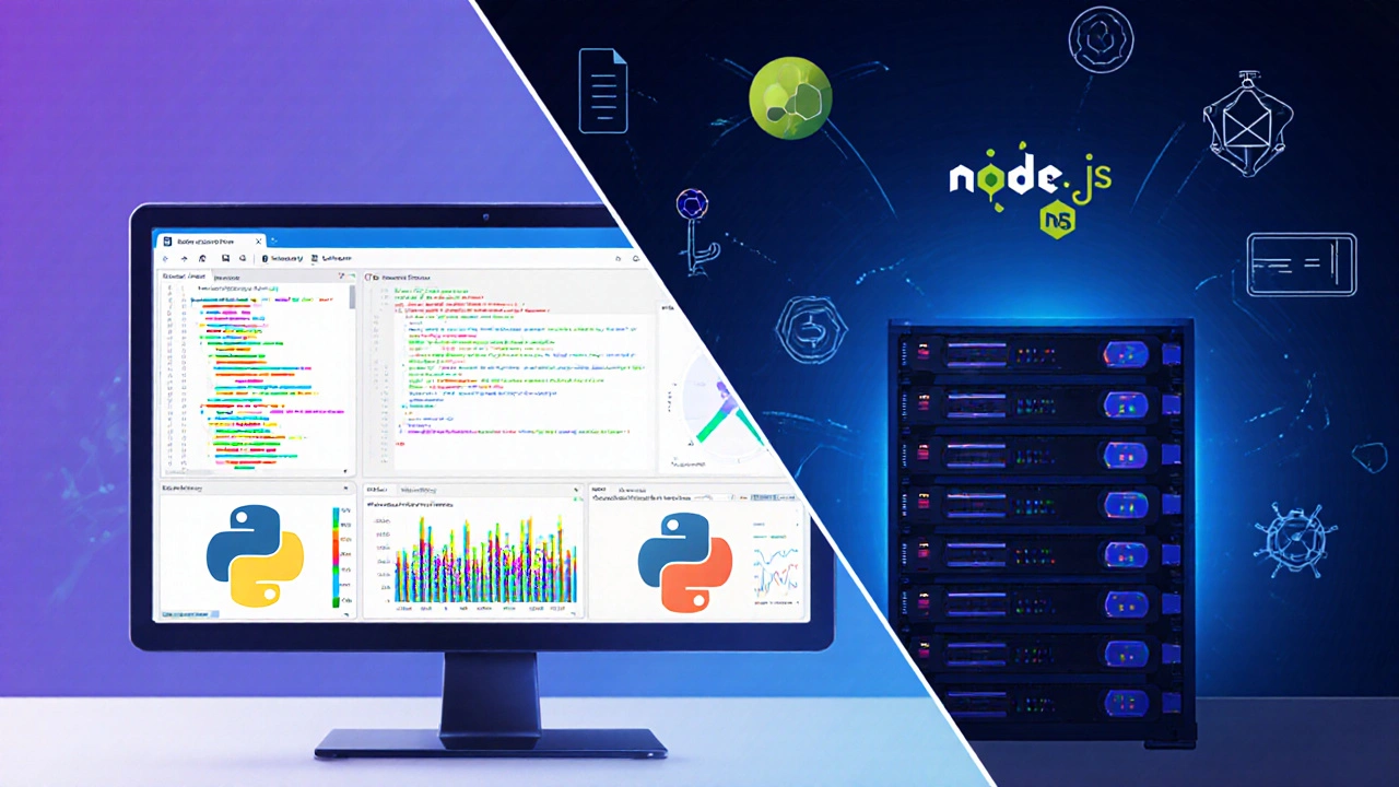 Split-Szene mit Python-Datenanalysen und Server-Logik, visuelle Diagramme und Cloud-Symbole.