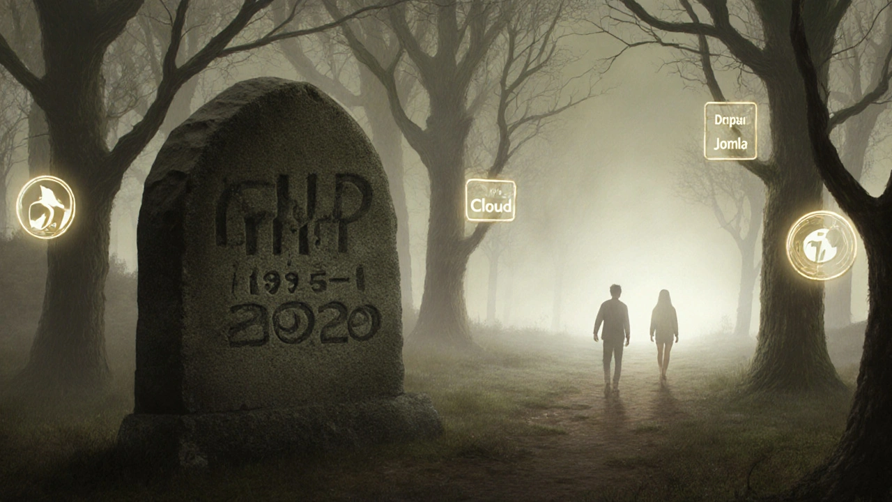 Steinerner Denkmal für PHP in einem digitalen Wald, während Entwickler Richtung Zukunft gehen.