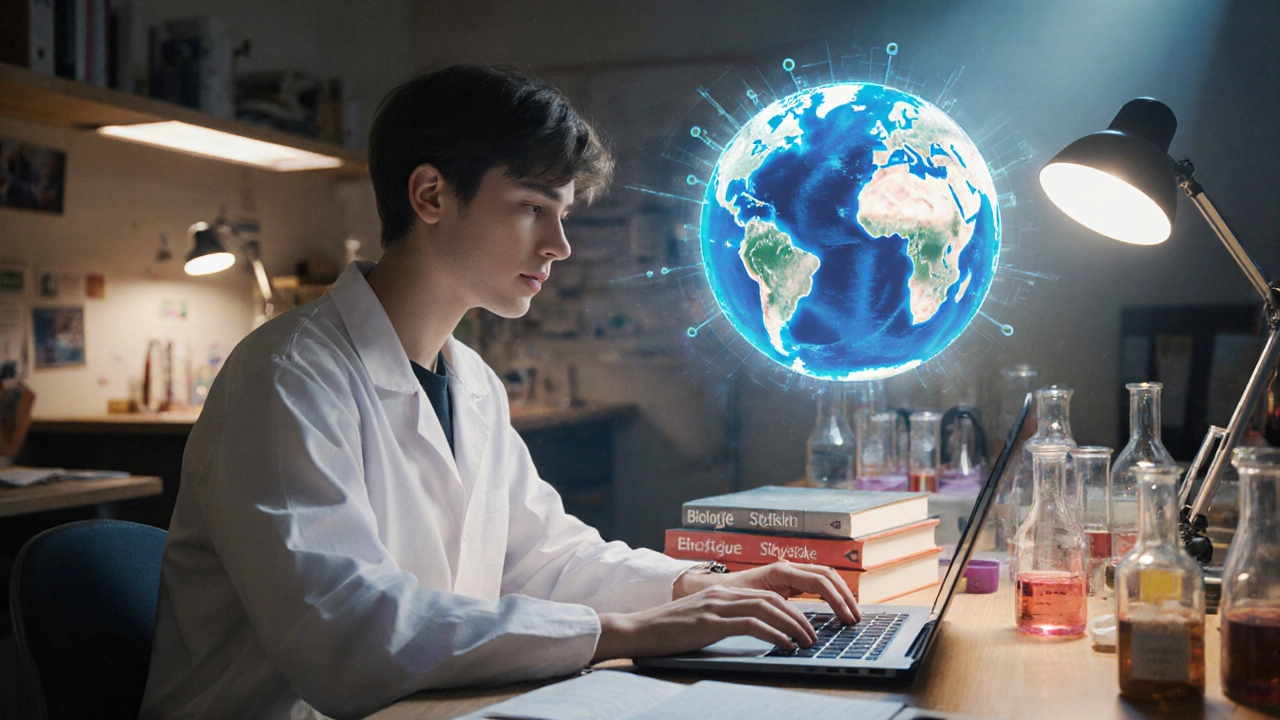 Studentin in einem deutschen Labor arbeitet mit Python an einer Klimasimulations-Hologramm.