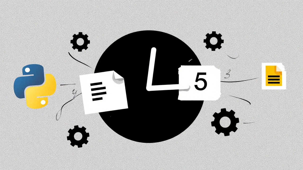 Uhr mit Papierblättern als Zeiger, die durch Python-Skripte befreit werden.