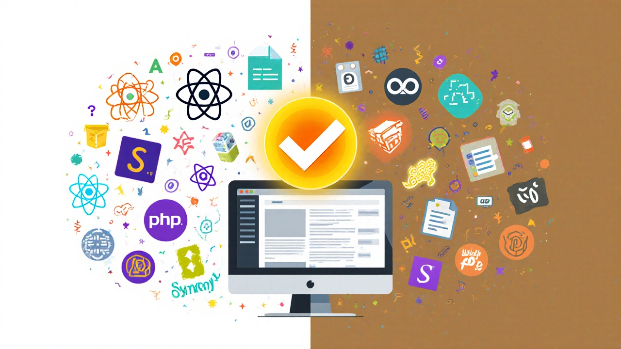 Vergleich: Chaos aus JavaScript-Frameworks links, klare PHP-Komponenten rechts mit Erfolgssymbol.