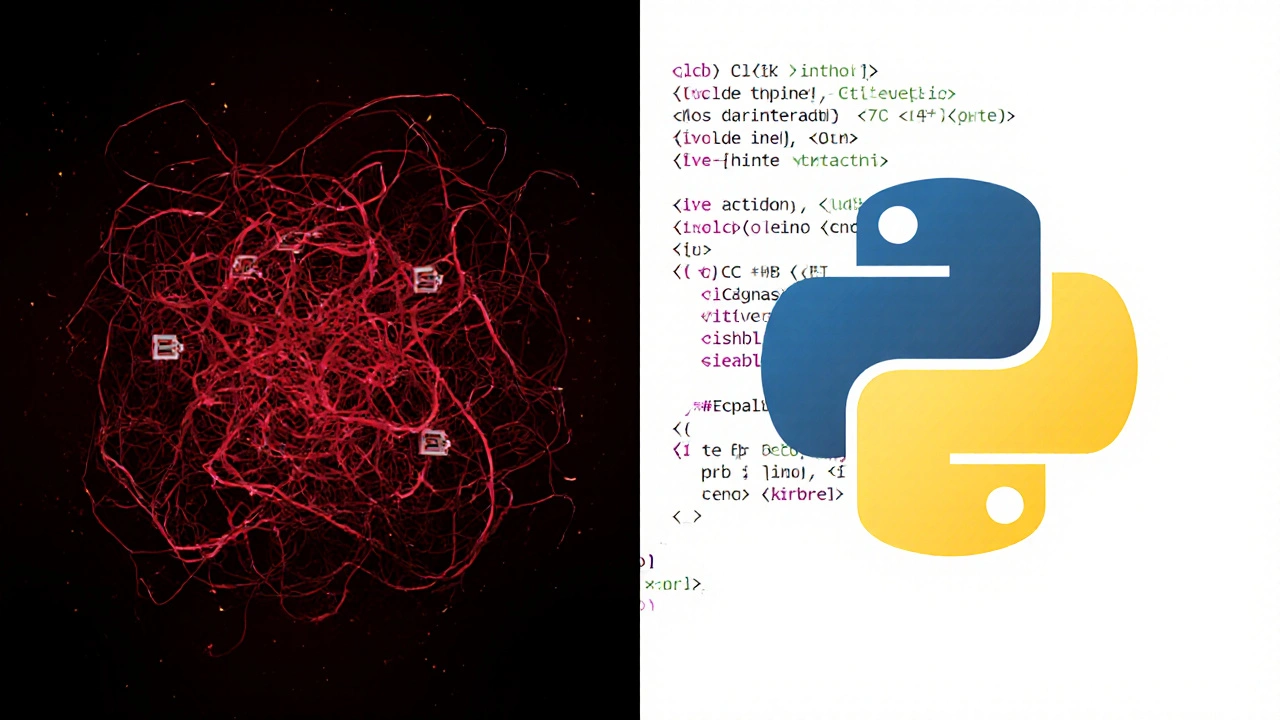 Vergleich: komplizierte Java/C++-Syntax links, klare Python-Syntax rechts in einem Konzeptbild.