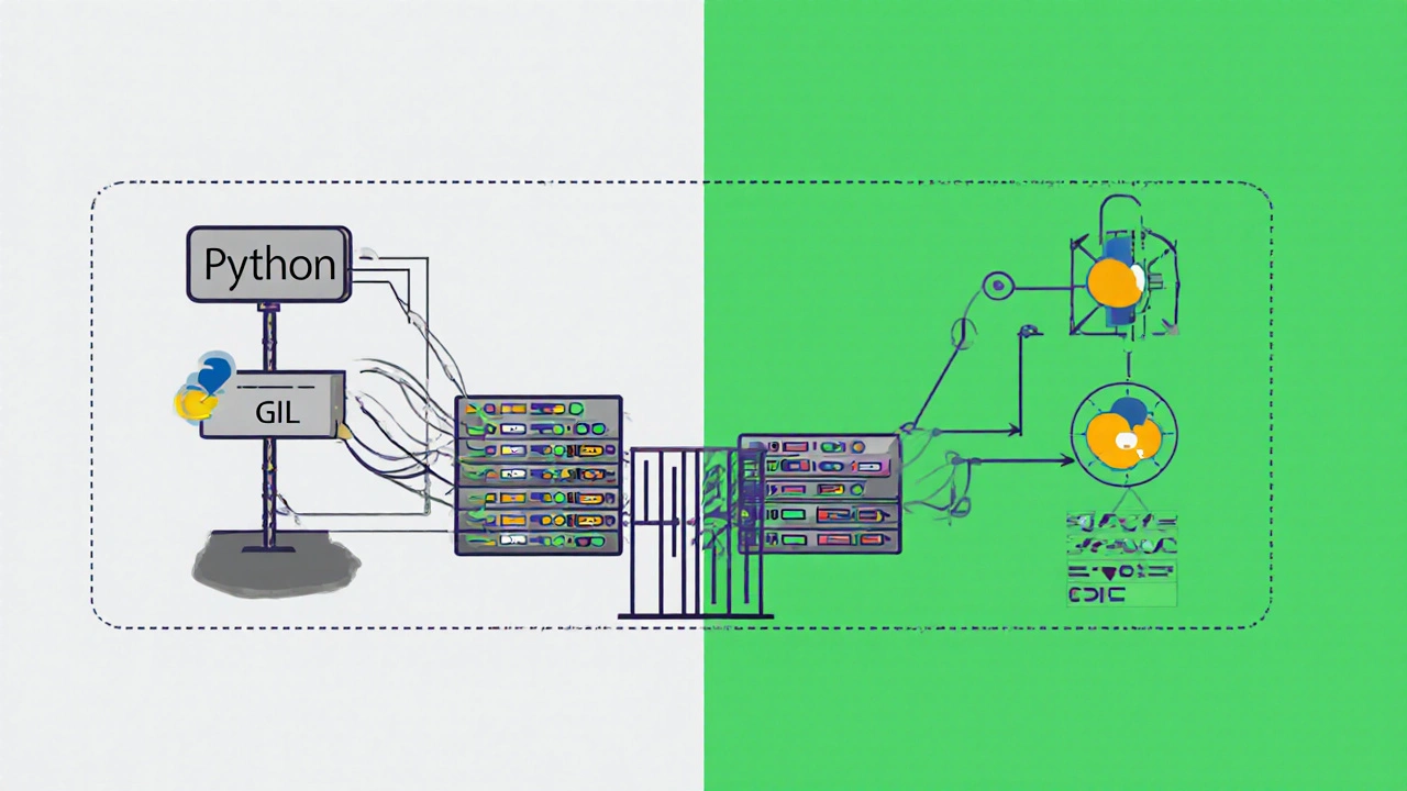 Vergleich von Python-Threads hinter einer Sperre und parallelen Go-Prozessen auf mehreren Kernen.