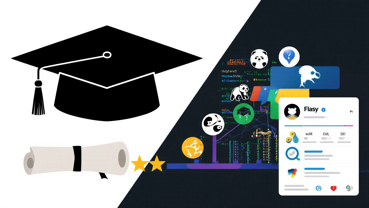 Vergleich zweier Karrierewege: Uni-Abschluss links, GitHub-Profil mit Projekten rechts, verbunden durch Code-Snippets.