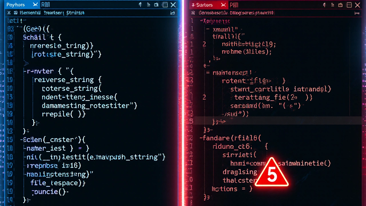 Vergleich zwischen klarem Python-Code und chaotischem PHP-Code mit Sicherheitswarnung.