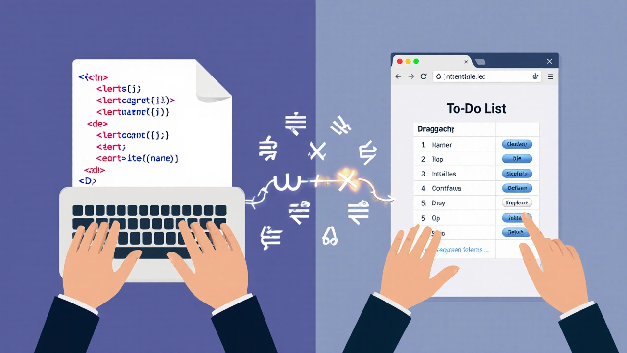Vergleichsansicht: Ein Anfänger lernt Grundlagen links, rechts baut er eine dynamische To-Do-Liste mit JavaScript.