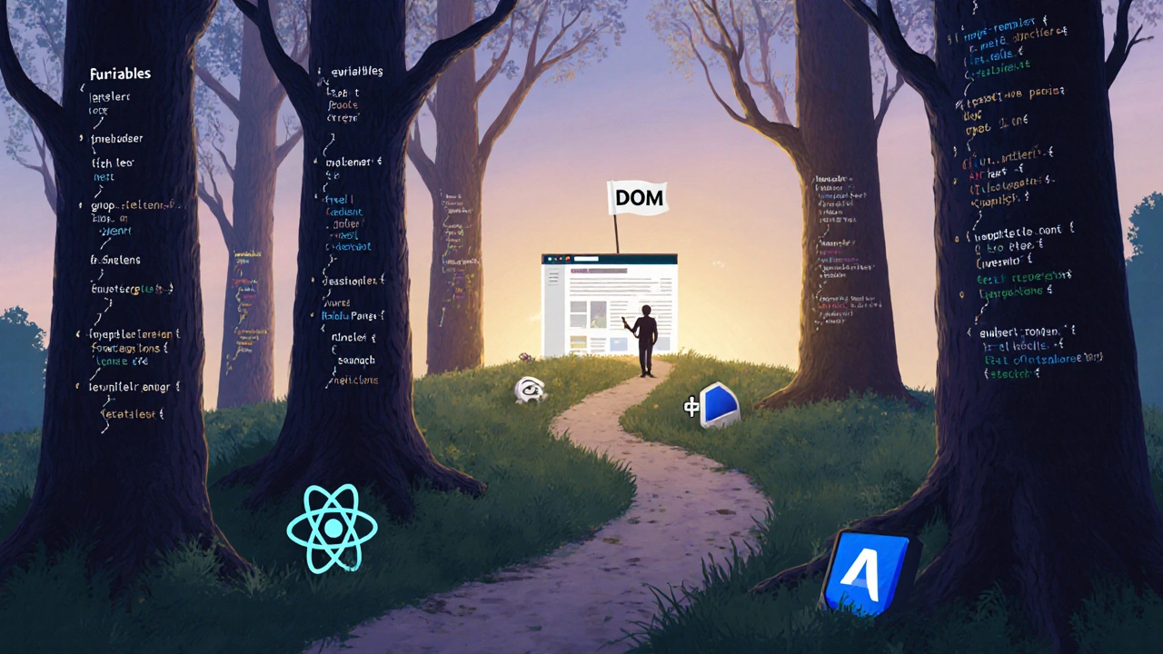 Weg durch einen Wald aus Code-Bäumen führt zu einer eigenen Website auf einem Hügel, überflüssige Tools liegen zurück.