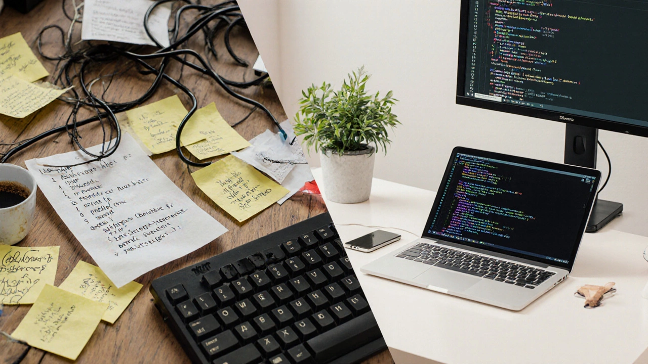 Zwei Arbeitsplätze: chaotische PHP-Entwicklung links, saubere moderne Entwicklung rechts.