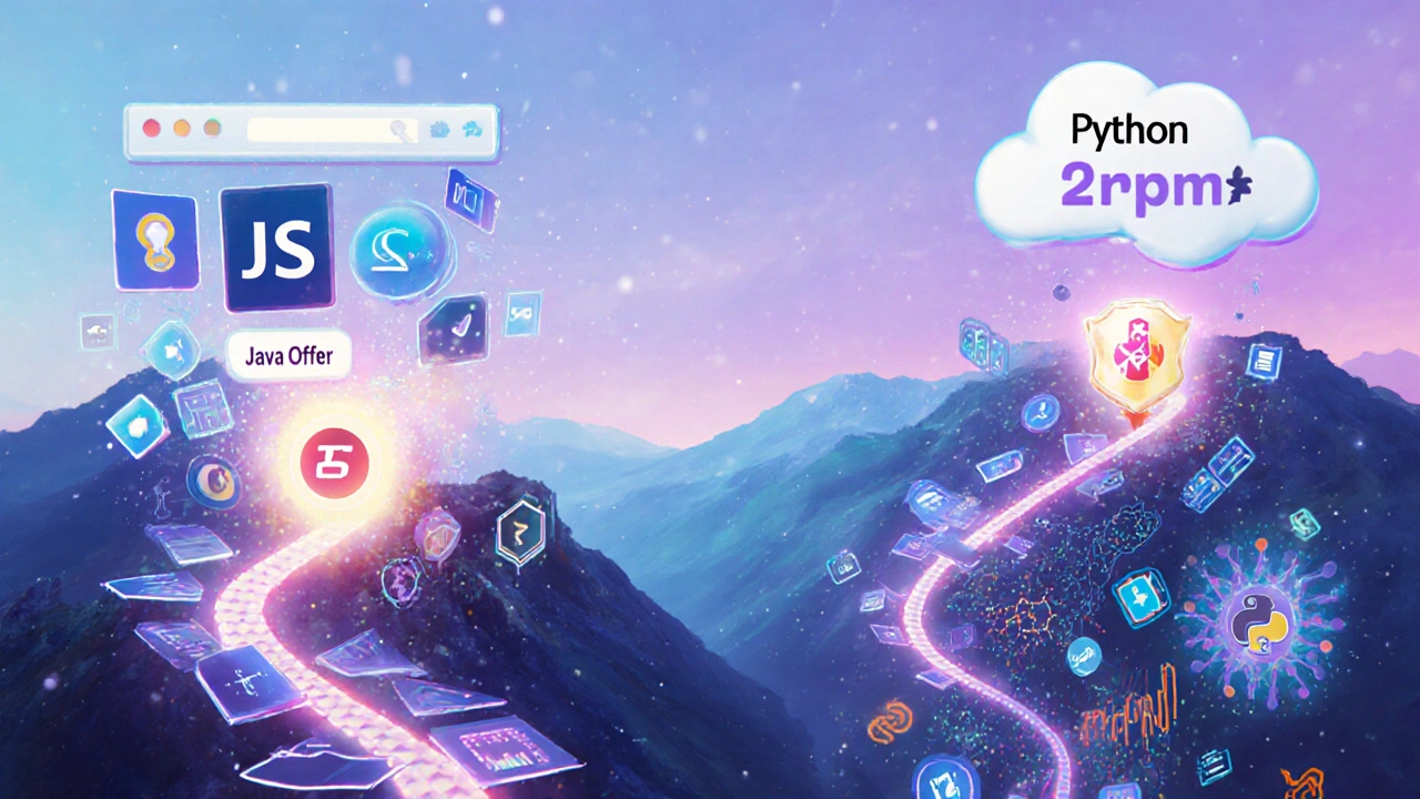 Zwei Wege aus Code: JavaScript führt zu Jobangebot, Python zu Daten- und KI-Symbolen.