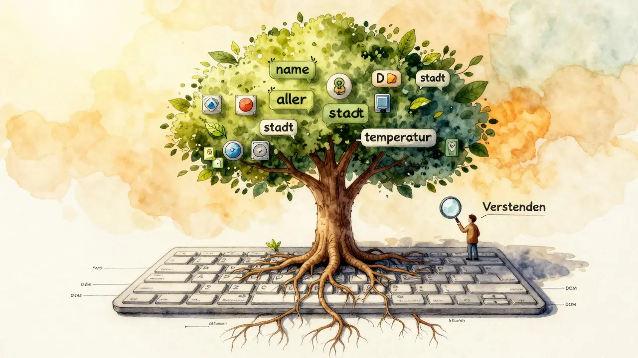 Baum wächst aus einer Tastatur, Blätter zeigen JavaScript-Daten wie Name und Temperatur, Symbol für Verständnis.