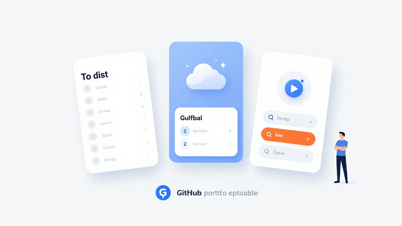 Drei einfache JavaScript-Projekte als Karten: To-Do-Liste, Wetter-App und Quiz, mit GitHub-Logo und Portfolio-URL.