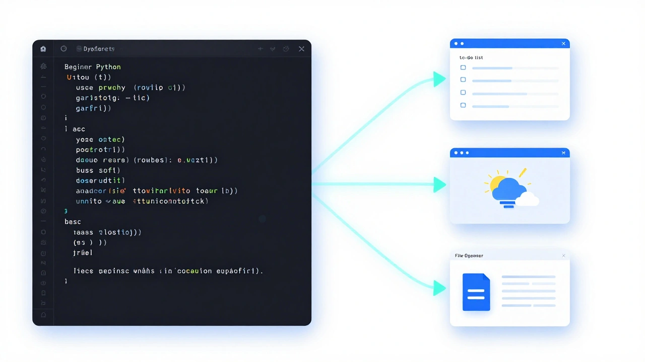 Drei einfache Python-Projekte: To-Do-Liste, Wetter-Skript und Datei-Organisierer in einer klaren Darstellung.