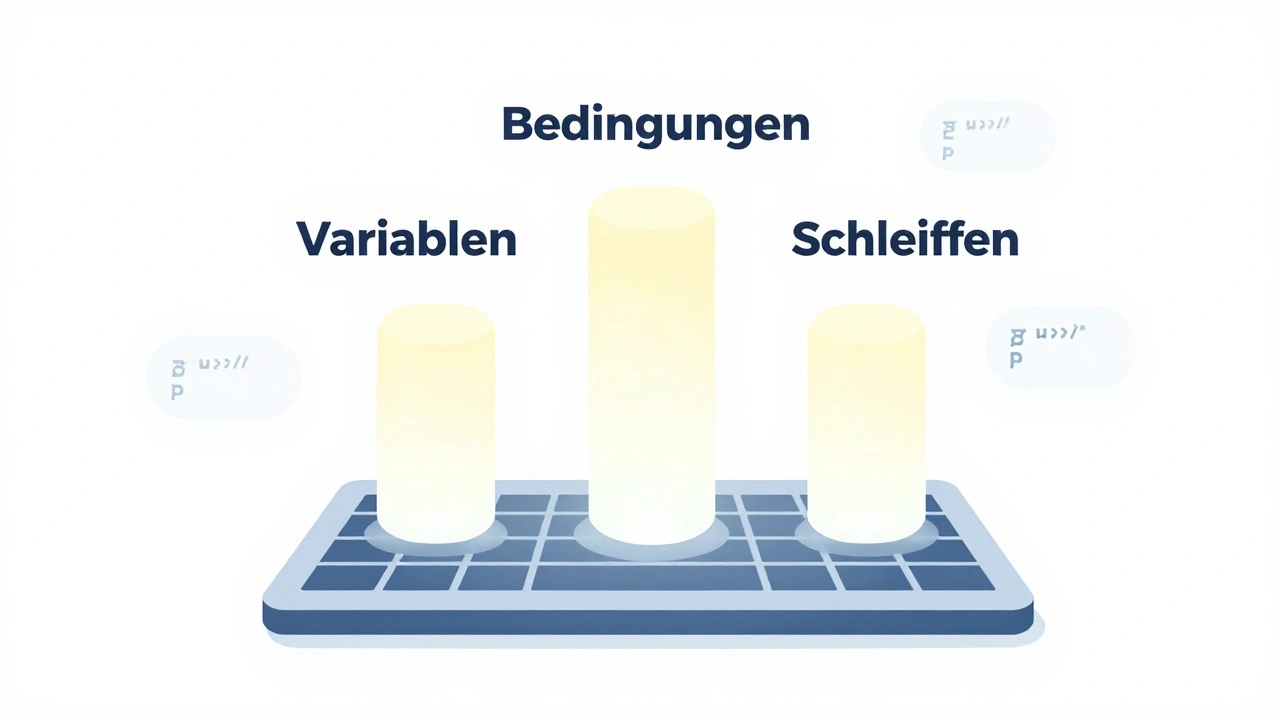 Drei leuchtende Säulen mit den Begriffen Variablen, Bedingungen und Schleifen, umgeben von Python-Code-Snippets, in flacher Design-Ästhetik.