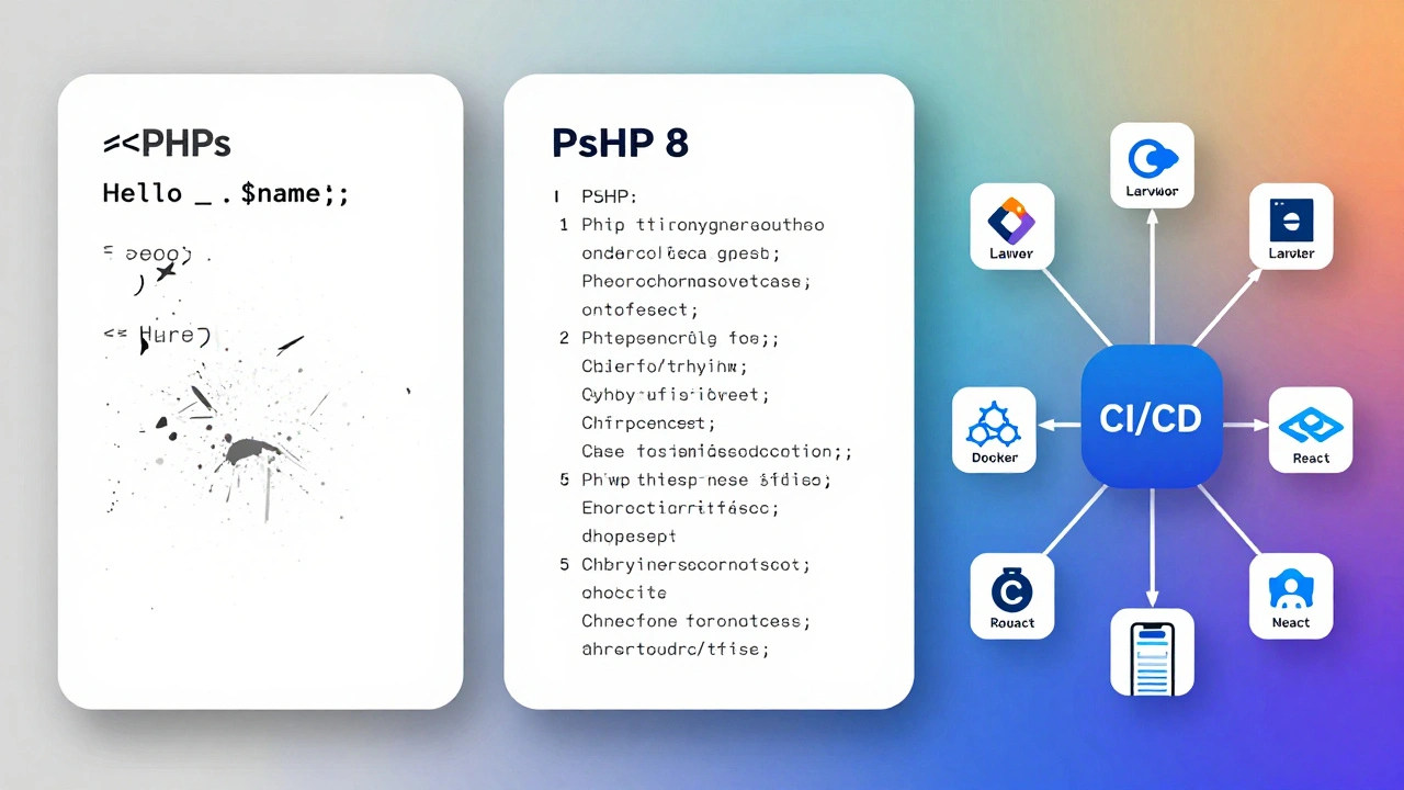 Drei Panels zeigen die Entwicklung von veralteten bis zu modernen PHP-Anwendungen.