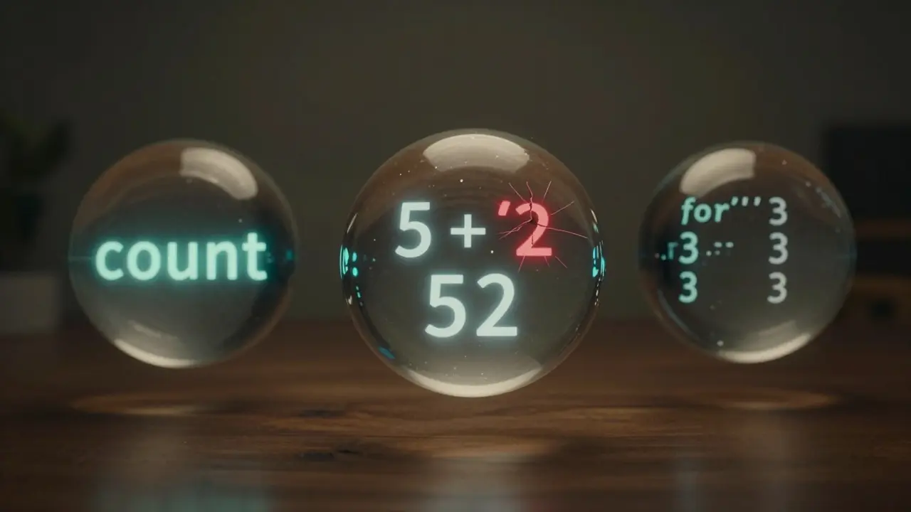 Drei schwebende Kugeln mit verborgenen JavaScript-Konzepten: Closure, Typumwandlung, Schleifenfehler.