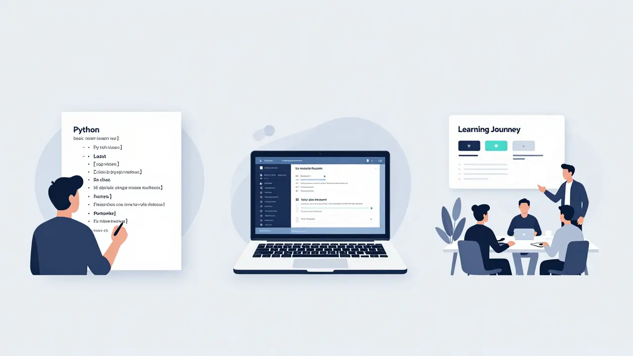 Dreiteilige Darstellung des Lernwegs: Syntax, Projektarbeit und Präsentation eines GitHub-Portfolios.