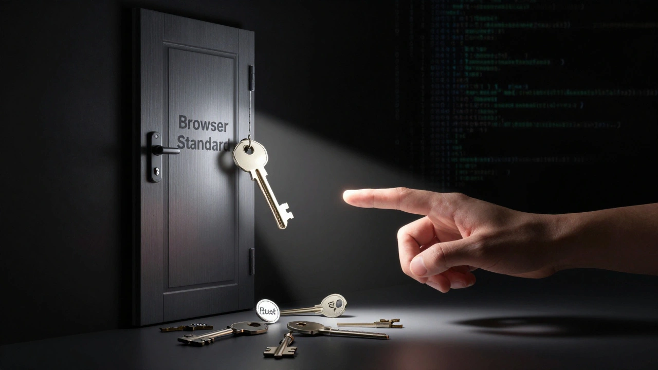 Ein einziger JavaScript-Schlüssel hängt vor einer verschlossenen Tür, während andere Sprachen am Boden liegen.