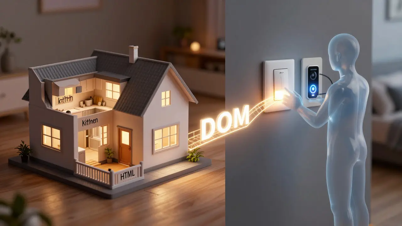 Ein Haus als Symbol für HTML, mit einer Person, die darin Lichter und Geräte steuert.