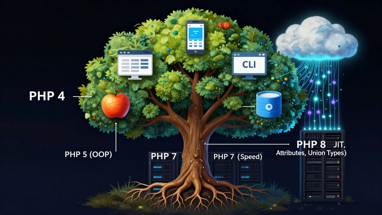 Ein lebendiger Baum mit PHP-Versionen als Ästen und modernen Anwendungen als Früchten.