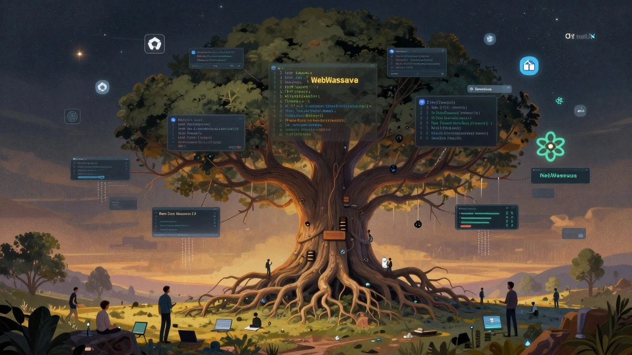 Ein riesiger Baum aus JavaScript-Code mit WebAssembly- und React-Plattformen an den Ästen, umgeben von Entwicklern.