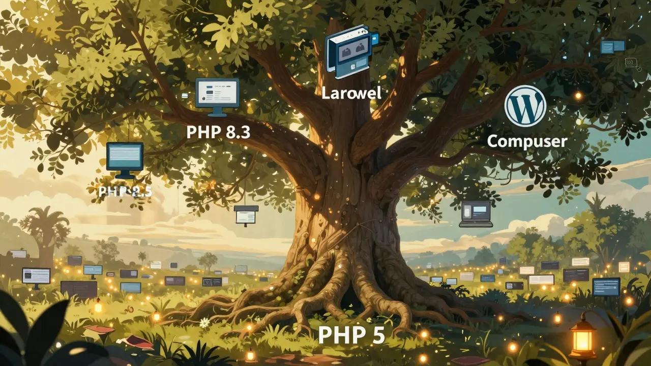 Ein riesiger Baum mit PHP-Verzweigungen wächst durch eine digitale Landschaft aus Webseiten, symbolisiert als Lichtpunkte.
