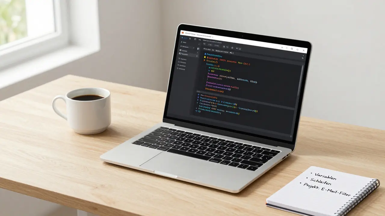 Ein Schreibtisch mit Laptop, der ein Python-Skript zur Dateiorganisation zeigt, und handschriftlichen Notizen daneben.