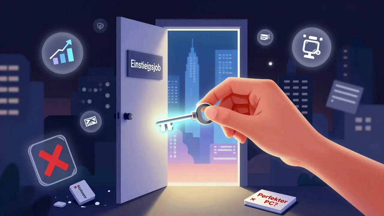 Eine Hand öffnet eine Tür mit dem Schlüssel 'Python', dahinter schweben Symbole für Datenanalyse und Automatisierung.