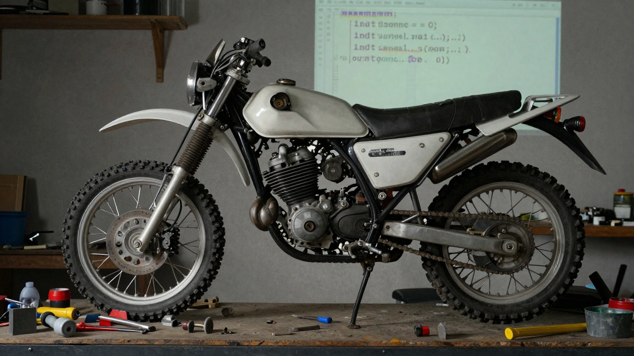 Eine Person baut ein Motorrad aus Einzelteilen, hinter ihr erscheint komplexer C-Code an der Wand.