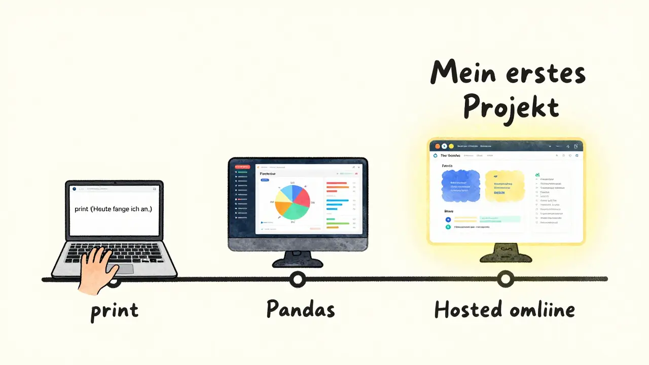 Eine visuelle Entwicklungslinie von ersten Python-Zeilen bis zu einem fertigen Webprojekt in skizzenhaftem Stil.
