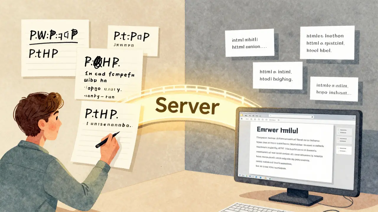 Eine visuelle Metapher: PHP übersetzt deutsch geschriebenen Code in HTML, das von einem Browser gelesen wird.