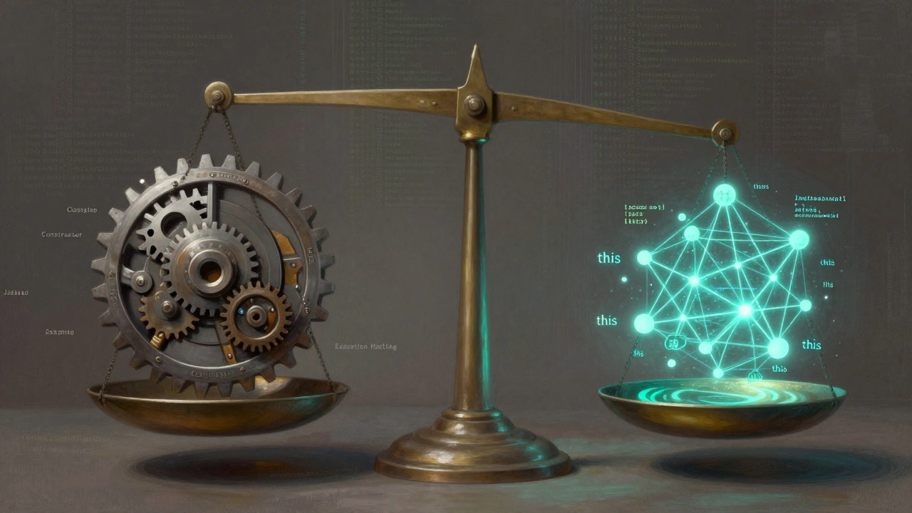 Eine Waage mit Java als metallischem Zahnradsystem und JavaScript als leuchtendem Netz aus Code-Knoten.