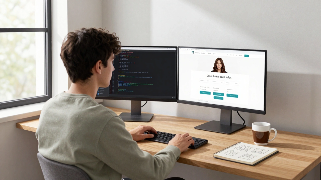 Entwickler an einem Schreibtisch mit Laravel-Code und einer WordPress-Website, die ein Friseur-Buchungssystem zeigt.