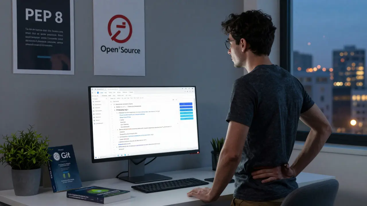 Erfahrener Entwickler mit GitHub-Repository und CI/CD-Dashboard im Hintergrund.