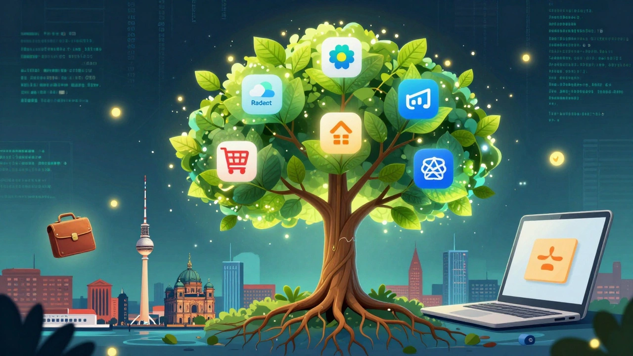 Glowende JavaScript-Baumstruktur mit Webentwicklungs-Technologien als Blätter, über deutschen Städten schwebend.