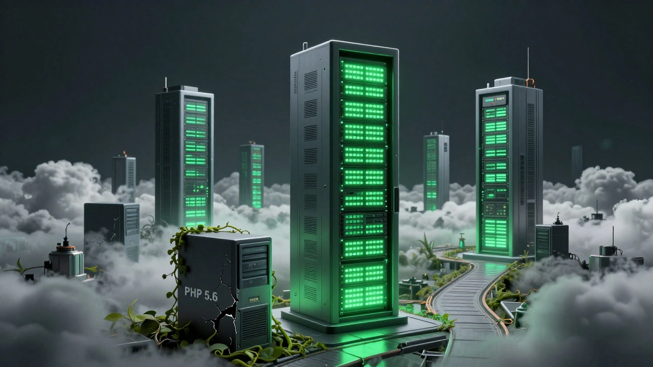 Go-Server als leuchtende Säule neben einem verfallenen PHP-System