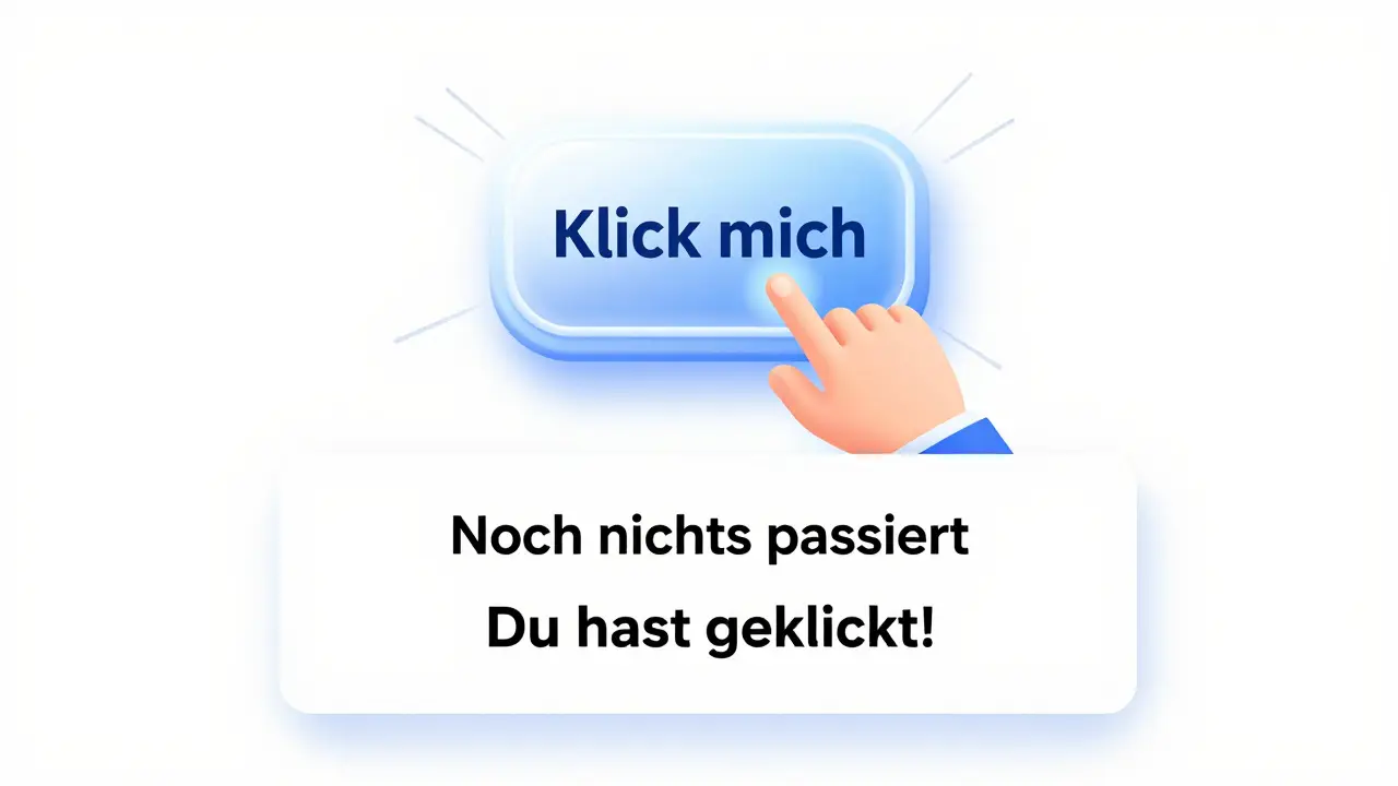 Hand klickt auf einen Knopf, der den Text auf einer Webseite von 'Noch nichts passiert' zu 'Du hast geklickt!' ändert.